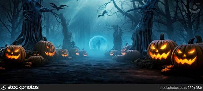 Halloween background with pumpkins in dark forest. 3D rendering