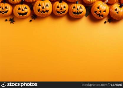 Halloween background with pumpkins on orange background. Copy space.