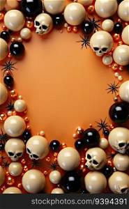 Halloween background with skulls, spiders and beads. 3d rendering