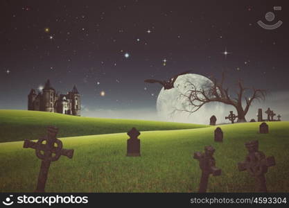 Halloween backgrounds with old cemetery and abandoned castle