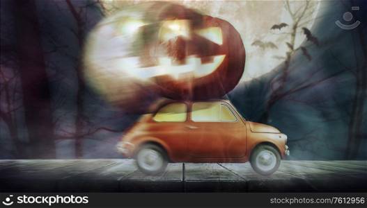 Halloween car delivering pumpkin against night scary autumn forest background. Spooky Jack o&rsquo;Lantern ghost in on top of halloween vehicle. Added grain and texture.. Halloween car delivering pumpkin