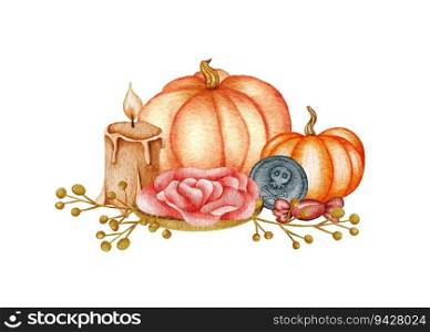 Halloween card design, give thanks handwritten text, wooden banner, board, pumpkins, flowers, farm harvest, watercolor illustration, autumn, fall holiday clip art isolated on white background.. Halloween card design, give thanks handwritten text, wooden banner, board, pumpkins, flowers, farm harvest, watercolor illustration, autumn, fall holiday clip art isolated on white background