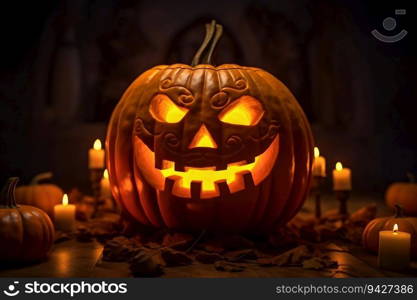 Halloween Carved Pumpkin Glowing in the Darkness. Generative ai. High quality illustration. Halloween Carved Pumpkin Glowing in the Darkness. Generative ai