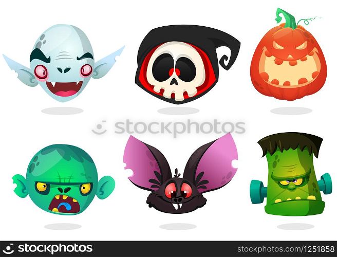 Halloween characters icon set. Cartoon heads of grim reaper,black bat, pumpkin Jack o lntern, zombie, vampire.