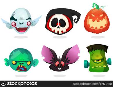 Halloween characters icon set. Cartoon heads of grim reaper,black bat, pumpkin Jack o lntern, zombie, vampire.