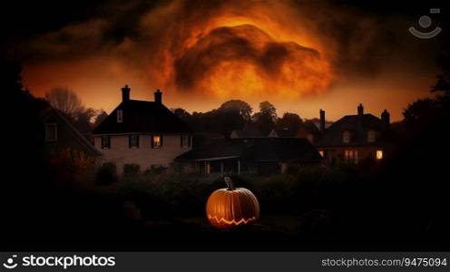 Halloween composition of a burning group of pumpkins with a candle, dark background. Header banner mockup with copy space. AI generated.. Halloween composition of a burning group of pumpkins with a candle, dark background. AI generated.