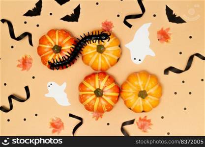 Halloween concept, Centipede on scary smile pumpkins and ghost with black bat on cream background.