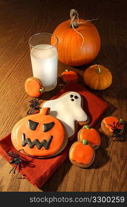 Halloween cookies with a glass of milk