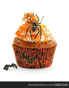 Halloween cupcake with decoration isolated on white