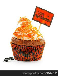 Halloween cupcake with decoration isolated on white