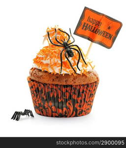 Halloween cupcake with whipped cream and decoration isolated on white