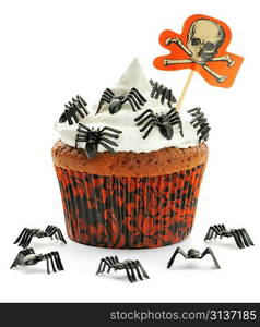 Halloween cupcake with whipped cream and decoration isolated on white