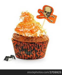 Halloween cupcake with whipped cream and decoration isolated on white