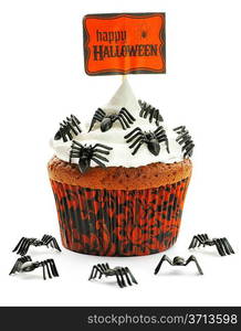 Halloween cupcake with whipped cream and decoration isolated on white