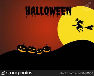 Halloween day.Background Happy Halloween with a witch riding a broom in the air and many pumpkins on a hill on a big moon background
