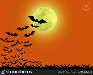 Halloween day. Many black bats on an orange background fly under the moonlight on Halloween night.