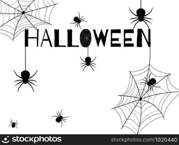 Halloween day. Many black spiders on a white background and black Halloween font