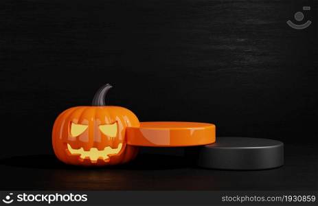 Halloween day orange and black pumpkin product podium stage for empty advertisement background. Holiday and season concept. Spooky and funny theme. 3D illustration rendering