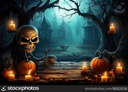 Halloween Day  , Skeleton and Pumpkins in graveyard at full moon night , Holiday event halloween banner background concept , Created with Generative Ai Technology