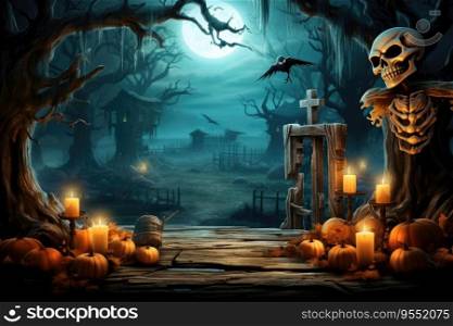 Halloween Day  , Skeleton and Pumpkins in graveyard at full moon night , Holiday event halloween banner background concept , Created with Generative Ai Technology