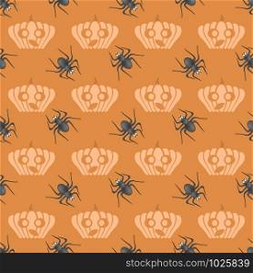 Halloween Decoration Seamless Pattern with Natural Pumpkin and Spider Isolated on Orange Background.. Halloween Decoration Seamless Pattern with Natural Pumpkin and Spider Isolated on Orange Background