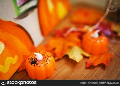 Halloween decorations background. Halloween Scary pumpkin head on wooden table Halloween holiday concept.