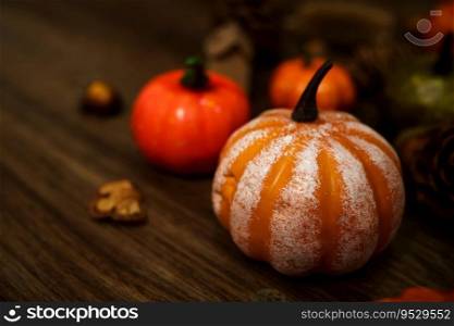 Halloween decorations background. Halloween Scary pumpkin head on wooden table Halloween holiday concept.