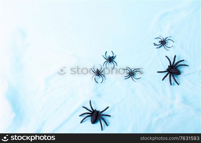 Halloween flat lay scene on blue background with spiders and web. Halloween scene on orange background