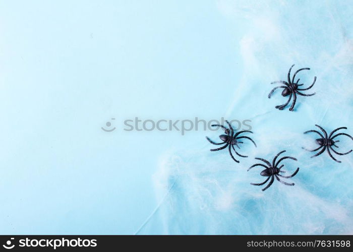 Halloween flat lay scene on blue background with spiders in net. Halloween scene on orange background