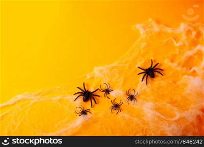 Halloween flat lay scene on bright orange background with spiders. Halloween scene on orange background