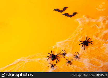 Halloween flat lay scene on orange background with spiders in web. Halloween scene on orange background