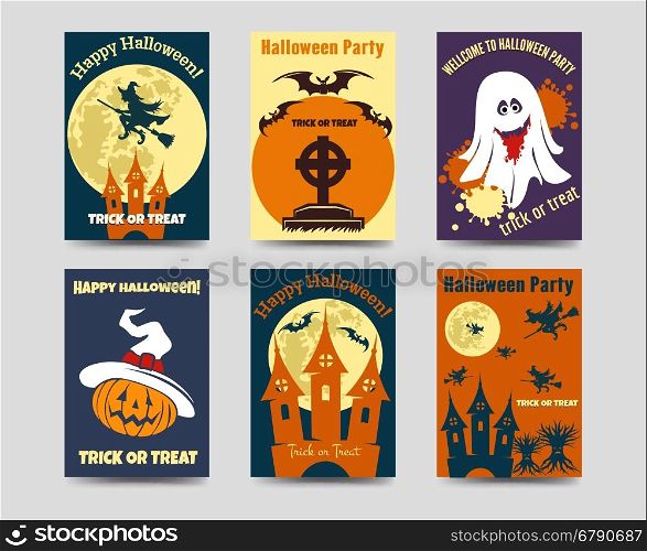 Halloween flyers template. Halloween flyers template with halloween flat elements. Vector six flyers with pumpkin ghost
