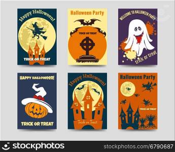 Halloween flyers template. Halloween flyers template with halloween flat elements. Vector six flyers with pumpkin ghost