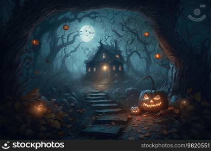 Halloween forest background. Illustration Generative AI
