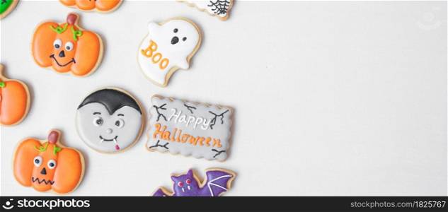 Halloween funny Cookies set on white background. Trick or Threat, Happy Halloween, Hello October, fall autumn, Festive, party and holiday concept