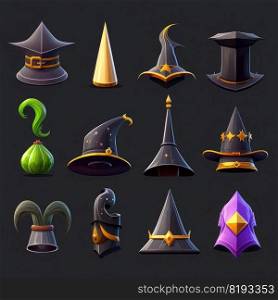 halloween game wirard hat ai generated. witch magician, icon background, sorcerer costume halloween game wirard hat illustration. halloween game wirard hat ai generated