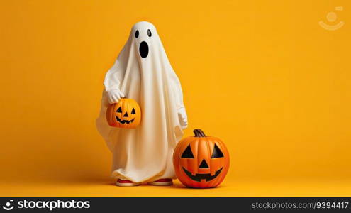 Halloween ghost and pumpkin on orange background. 3d rendering.