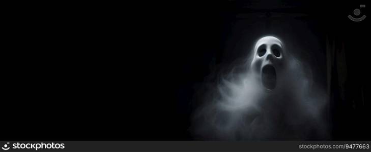 Halloween ghost in spooky empty house, dark mysterious background. Header banner mockup with copy space. AI generated.. Halloween ghost in spooky empty house, dark mysterious background. AI generated.
