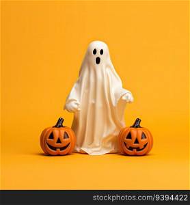 Halloween ghost with pumpkins on orange background. 3d rendering