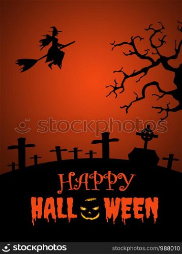 Halloween Happy Halloween background with a witch riding a broom through the cemetery and the dry tree on a black-orange background