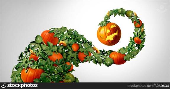 Halloween happy pumpkin leaves as an autumn holiday festive jack o lantern decorative swirl element with a growing vine full of pumpkins as a seasonal fall border banner decoration.