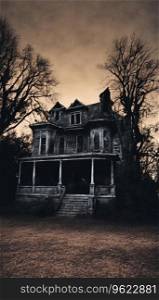 Halloween haunted house in eerie country scene