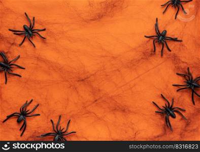 Halloween holiday background with  decorations.  Halloween background with spider web and spiders as symbols of Halloween. View from above. Flat lay