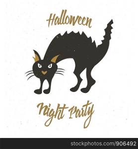 Halloween holiday badge with evil cat. Perfect for poster or banner. Halloween holiday badge with evil cat. Perfect for poster or banner.