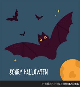 Halloween holiday card with flying bats in a blue sky.. Halloween holiday card with flying bats and moon.