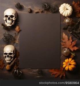 Halloween holiday poster mock up template with pumpkin and skull. View from above. Halloween Concept. Generative Ai.