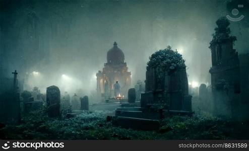 Halloween horror night in dark tombstones background, creepy and scary concept, digital art design, 3d rendering