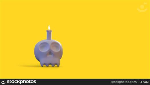 Halloween human bone skull scary horror minimal graphic design, studio isolated on yellow background with clipping path, 3D rendering illustration