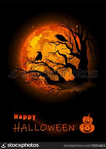 Halloween Illustration with Raven and Full Moon Background