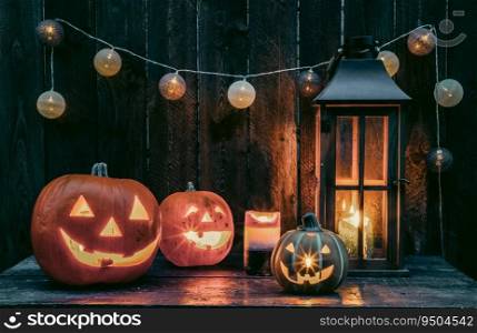 halloween - Jack O’ Lanterns - Candles And String Lights On Wooden Table